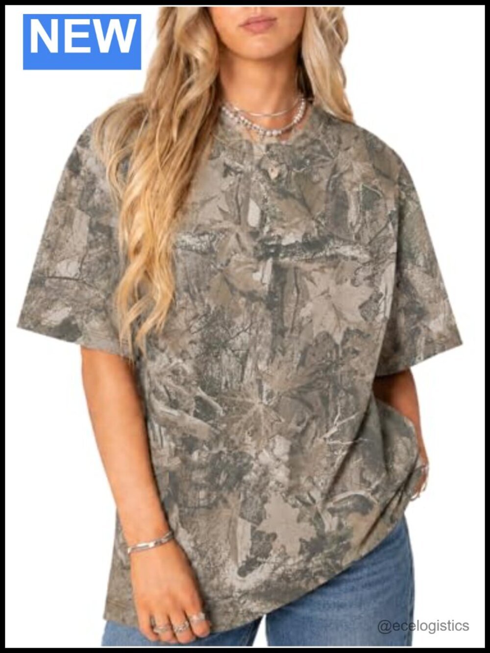 Oversized Camo Short Sleeve Crew Neck T-Shirt Y2K Print Polyester